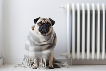 Cute pug dog is freezing in living room and warming himself under blanket near radiator - obrazy, fototapety, plakaty