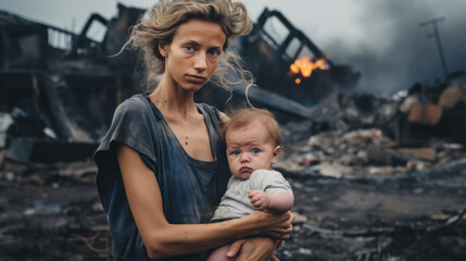 mother and daughter against the backdrop of a war-torn city. Refugee. - obrazy, fototapety, plakaty