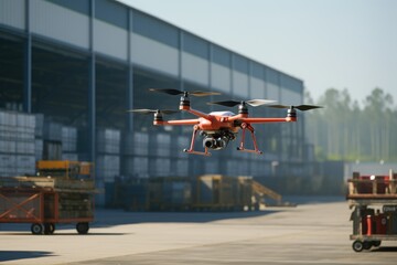 Industrial drone monitoring large outdoor storage areas.