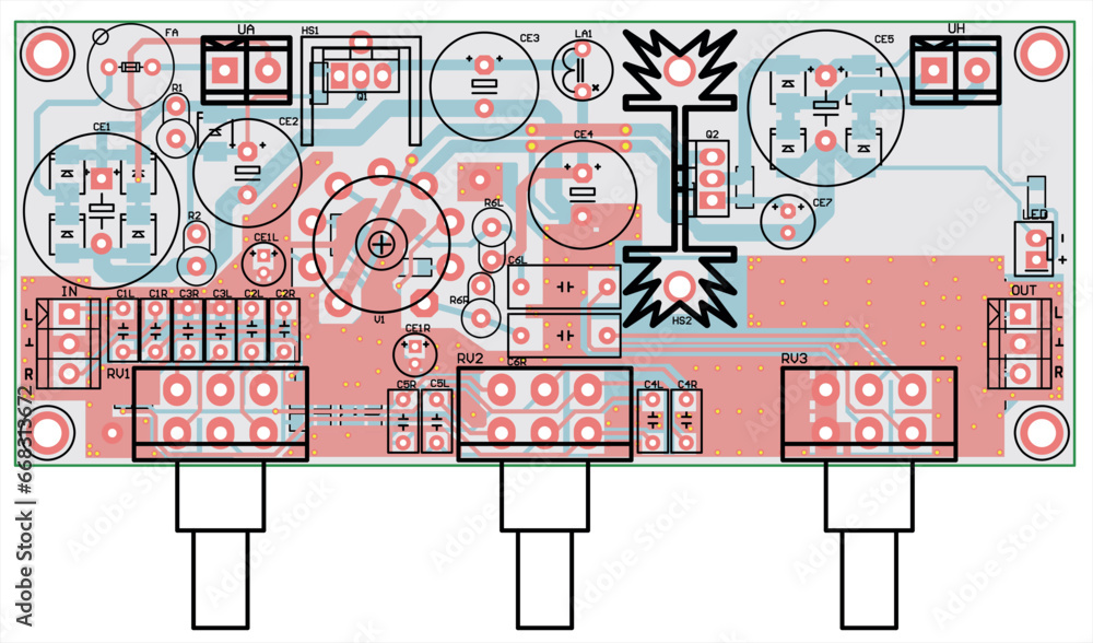 Poster vector printed circuit board of an electronic device with components of radio elements, conductors, 