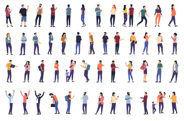 Vector people bundle collection - Set of illustrations with various diverse casual flat design characters in side view doing regular normal day activities and poses