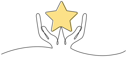 Hands holding yellow star continuous one line drawing. Vector illustration isolated on white. - obrazy, fototapety, plakaty