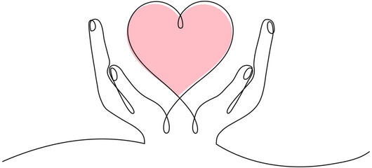 Hands holding color heart continuous one line drawing. Charity donation linear concept. Vector illustration isolated on white.