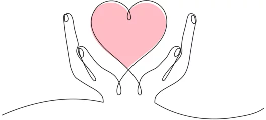 Photo sur Plexiglas Une ligne Hands holding color heart continuous one line drawing. Charity donation linear concept. Vector illustration isolated on white.