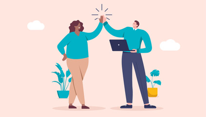 Colleagues doing high five at work - Business man and woman in office doing a good job as a team, celebrating small win, smiling and enjoying work together. Flat design vector illustration 
