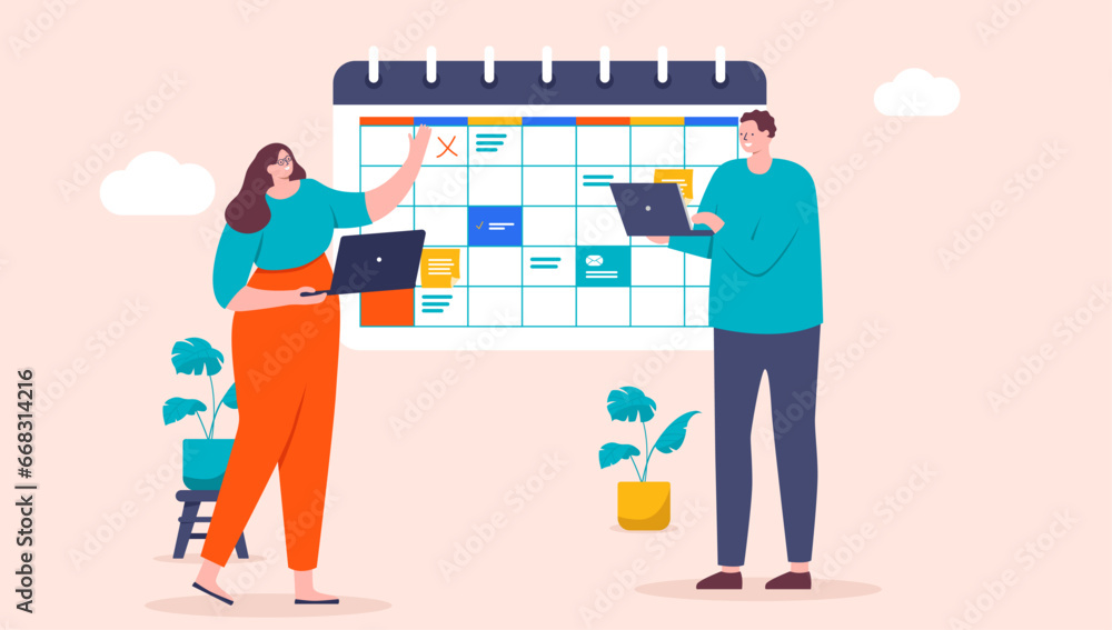 Leinwandbilder Project management - People in office work setting with paper calendar looking at dates and schedule for business project. Flat design vector illustration with beige background
