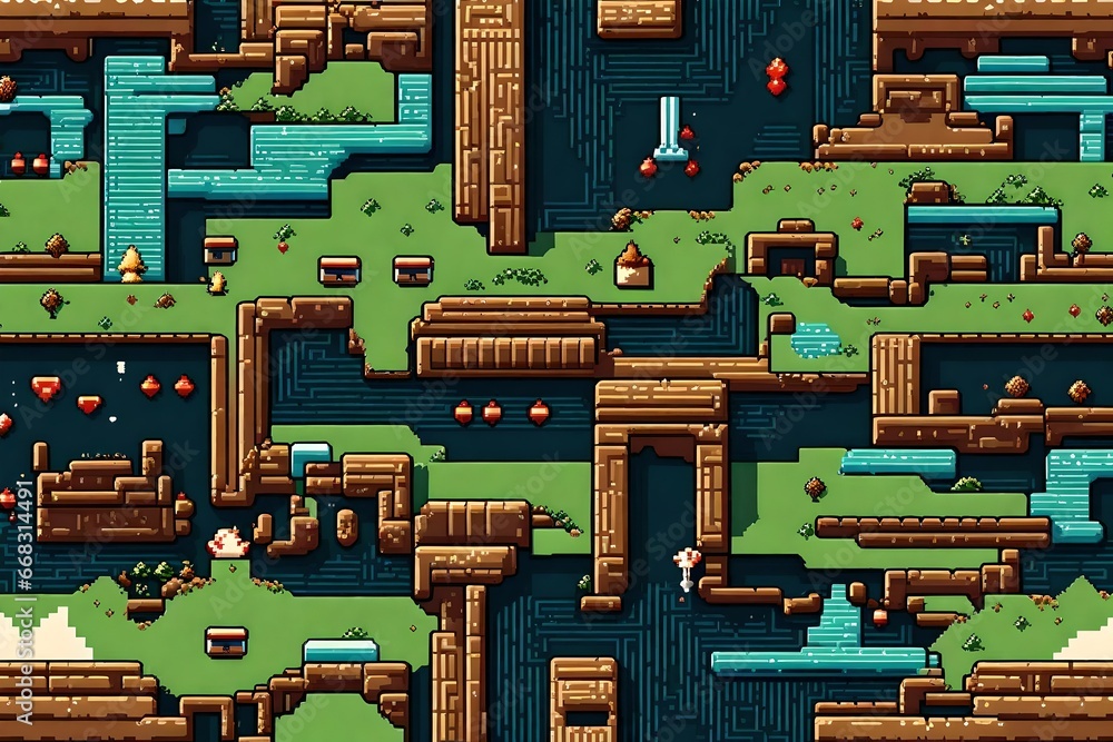 Poster a pixel art texture resembling retro video game graphics.