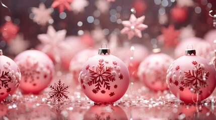 Pink Christmas decorations for the Christmas tree in the form of balls with snowflakes. Create a festive Christmas atmosphere of joy and magic