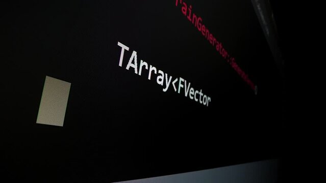 Closeup macro shot movement of coding script moving across LED screen with real-time AI-generated typing, showcasing advanced AI learning in optimization, debug and coding for software development.