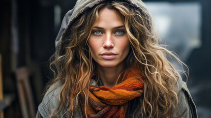 Homeless looking beautiful woman with blue eyes is loking at camera - obrazy, fototapety, plakaty