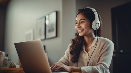 Empowering education and connection: An attractive Indian woman, headset on, engaged in an e-learning webinar from her home office, fostering modern online communication - obrazy, fototapety, plakaty