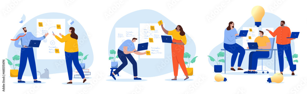 Poster business workshop illustration collection - people brainstorming and working on whiteboard with stic