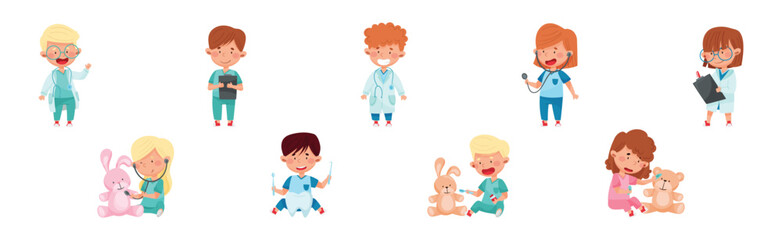 Kid Character Playing Doctors and Nurse Vector Set