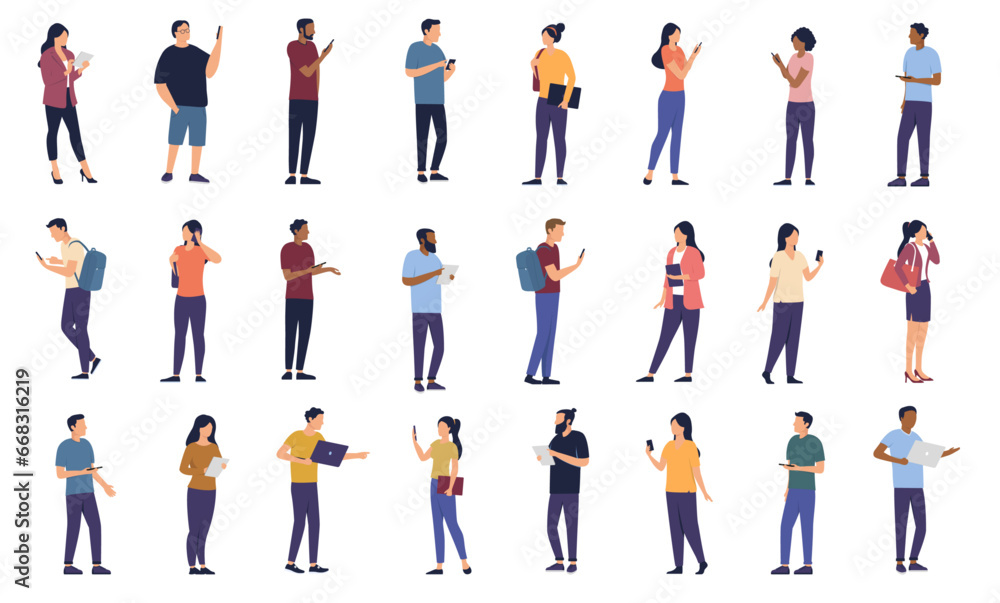 Fototapete people using phone and devices collection - set of vector characters with smartphone, tablets and co