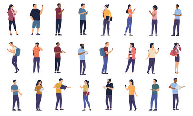 Fototapeta na wymiar People using phone and devices collection - Set of vector characters with smartphone, tablets and computers looking at screen, talking and interacting. Flat design illustrations with white background