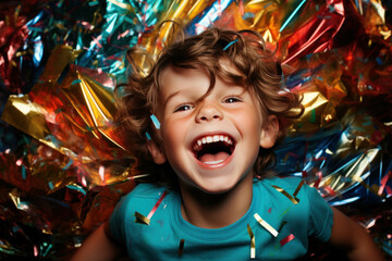 Portrait of a cute laughing boy playing with colorful confetti at the party