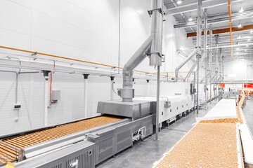 Food cookies industry banner, biscuit production in modern factory on conveyor belt