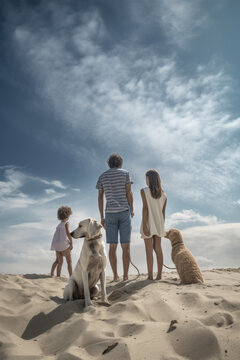 Happy family with dog on the beach at the day time. Concept of friendly family.