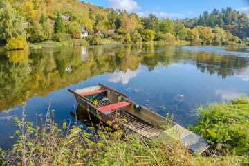Beautiful views of the river Berounka a Wooden boats in the autumn season