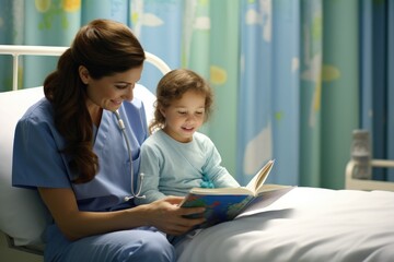 Nurse in pediatric ward reading to child patient. - obrazy, fototapety, plakaty