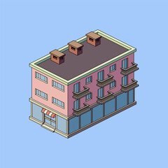Isometric building with road and trees, vector illustration.