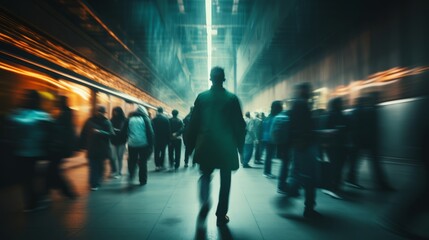 a blurry photo of people walking on a subway platform