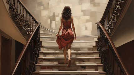 a girl in a wedding dress is walking up the stairs. beige dress. Beautiful lady in luxurious...