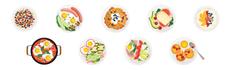 Breakfast Food and Meal Plating Above View Vector Set