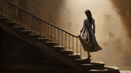 a girl in a wedding dress is walking up the stairs. beige dress. Beautiful lady in luxurious...