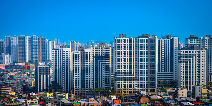 Daegu City Skyline with modern architectures, buildings, apartments, and offices built up over the traditional residential houses in the industrial metropolis of South Korea