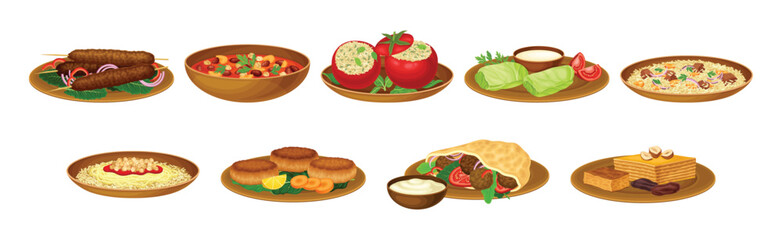 Egyptian Dish and Traditional Cooked Food on Plate Vector Illustration Set