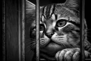 Cat in a cage. Black and white photo. Selective focus.