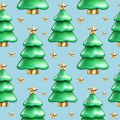 Seamless pattern of realistic 3d cartoon green Christmas tree, golden star. Decorative winter holiday symbol. Happy New Year vector illustration for greeting card, wallpaper, wrapping paper, fabric
