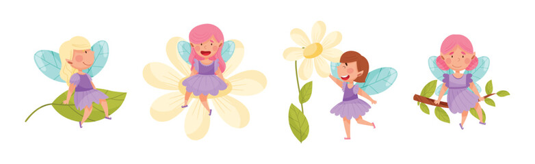 Cute Girl Fairy with Wings and Pretty Dress Vector Set