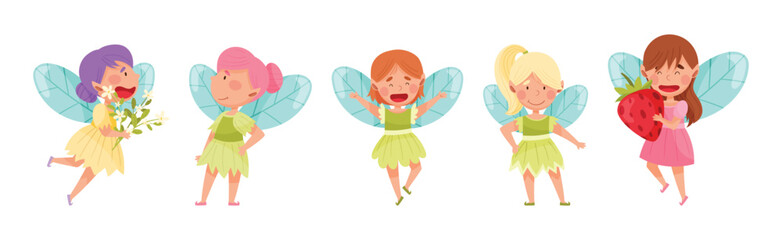 Cute Girl Fairy with Wings and Pretty Dress Vector Set
