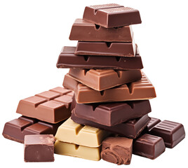 A pile of different types of chocolate. Milk chocolate, dark chocolate and white chocolate. Lots of chocolate pieces. Isolated on a transparent background.