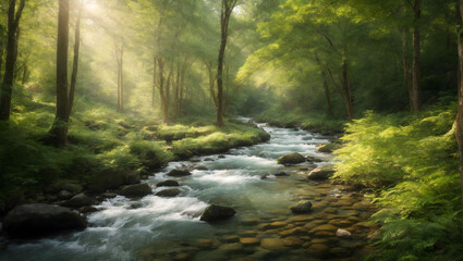 tranquil forest scene, realistic camera shot
