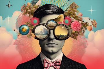 Abstract fine-art and pop-art illustration colorful collage of man with binoculars. Surreal and minimalist looking illustrative art with many details and patterns
