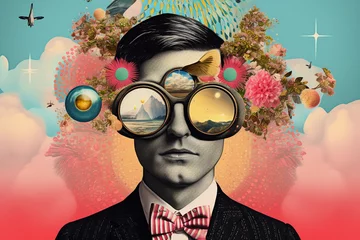 Poster Abstract fine-art and pop-art illustration colorful collage of man with binoculars. Surreal and minimalist looking illustrative art with many details and patterns © Rytis