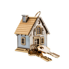 House key with house shaped keychain on transparent background