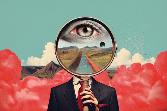 Abstract fine-art and pop-art illustration colorful collage of man with binoculars. Surreal and minimalist looking illustrative art with many details and patterns