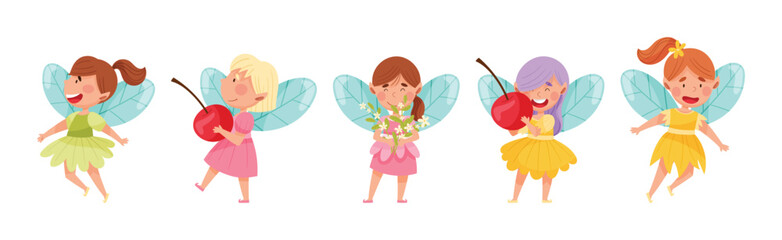 Cute Girl Fairy with Wings and Pretty Dress Vector Set