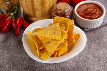 Mexican corn nachos chips with salsa