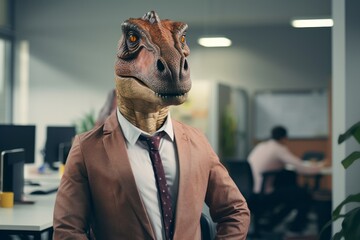 dinosaur with a human Put on the side in the office background