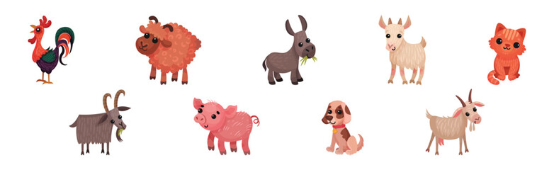 Farm Animals with Goat, Dog, Cat, Poultry and Pig Vector Set