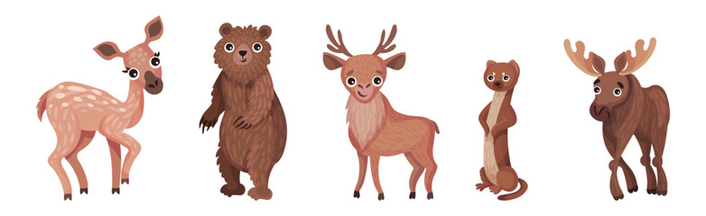 Forest Animals with Deer, Otter, Elk and Bear Vector Set
