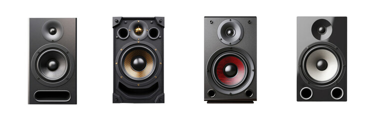 Set of audio loudspeakers, front product view, isolated on a transparent background. PNG cutout or clipping path.