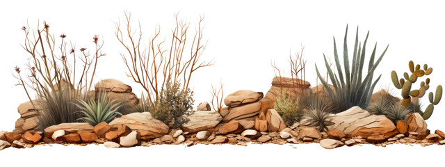 Dry plants with pebbles desert scene on transparent background