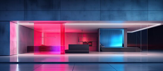 Minimalist house with abstract architectural concrete interior neon lighting glass wire and AI rendering