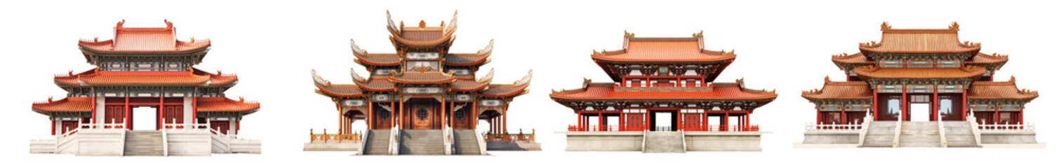 Fototapeta premium Set of modern Chinese pavilion temples, isolated on a transparent background. PNG cutout or clipping path.